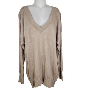Victoria Secret Tunic Sweater Large Tan Cashmere Blend V Neck Pocket Ribbed Trim
